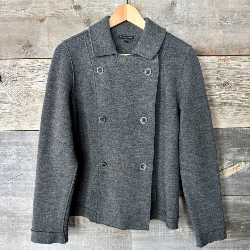Eileen Fisher Merino Wool Double Breasted Sweater Jacket M Gray Dark Academia